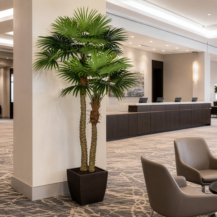 8' Silk Fan Double Trunk Palm Tree w/Pot -Green - P184240